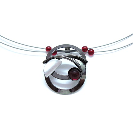 Black Rhodium & Red Acrylic Crono Design Necklace - Click Image to Close